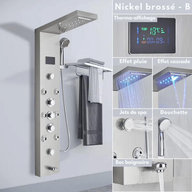 Colonne de douche hydromassante grise en nickel brossé avec LED – jets de massage & écran digital - effet cascade/pluie - Focett