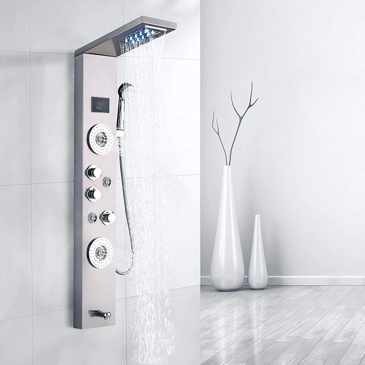 Colonne de douche hydromassante grise en nickel brossé avec LED – jets de massage & écran digital - effet cascade/pluie - Focett
