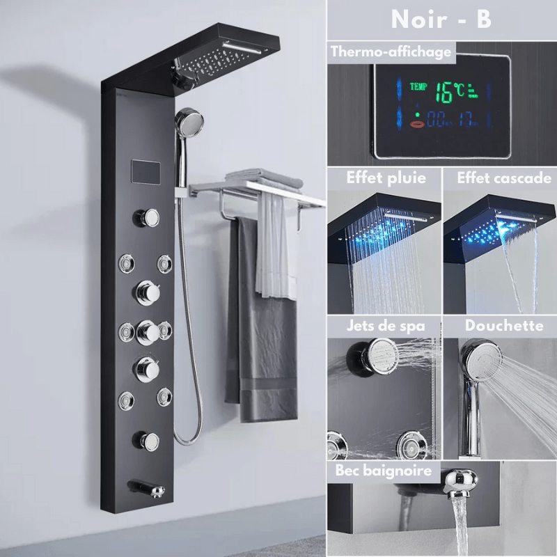 Colonne de douche hydromassante grise en nickel brossé avec LED – jets de massage & écran digital - effet cascade/pluie - Focett