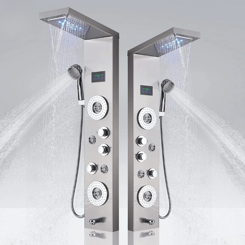 Colonne de douche hydromassante grise en nickel brossé avec LED – jets de massage & écran digital - effet cascade/pluie - Focett