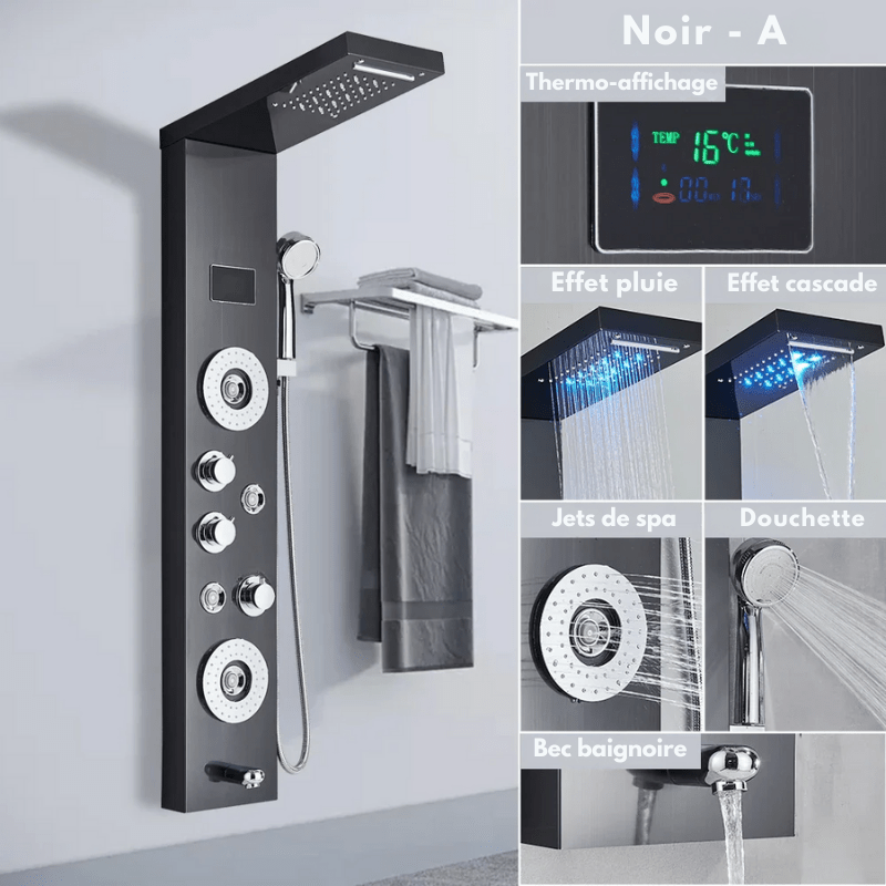 Colonne de douche hydromassante grise en nickel brossé avec LED – jets de massage & écran digital - effet cascade/pluie - Focett