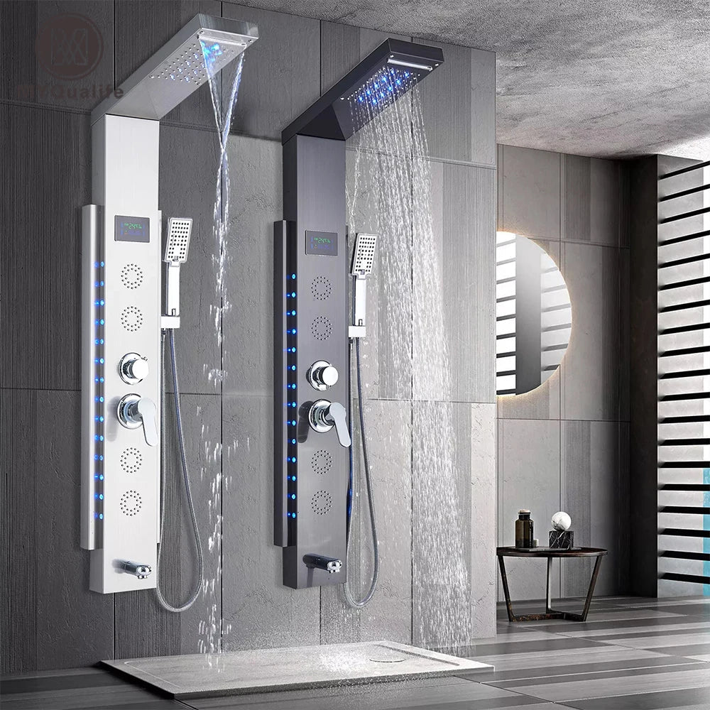 Colonne de Douche Hydromassante grise LED - Jets de Massage et Affichage digital - Effet cascade/pluie - Focett