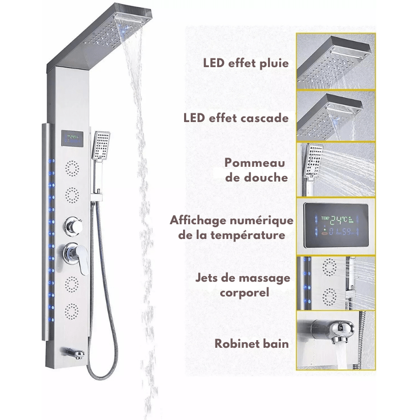Colonne de Douche Hydromassante grise LED - Jets de Massage et Affichage digital - Effet cascade/pluie - Focett