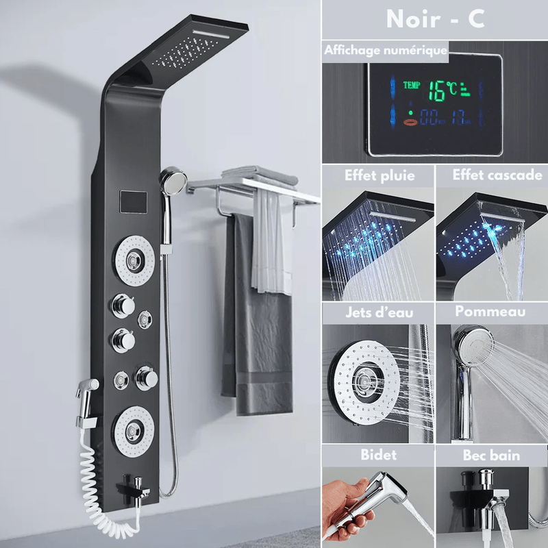 Colonne de Douche Hydromassante Noir LED avec Jets de Massage – Système Cascade & Pluie & Affichage Digital - Focett