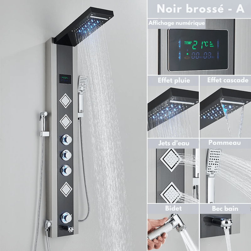 Colonne de Douche Hydromassante Noir LED avec Jets de Massage – Système Cascade & Pluie & Affichage Digital - Focett
