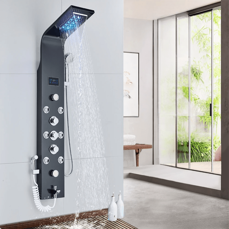 Colonne de Douche Hydromassante Noir LED avec Jets de Massage – Système Cascade & Pluie & Affichage Digital - Focett