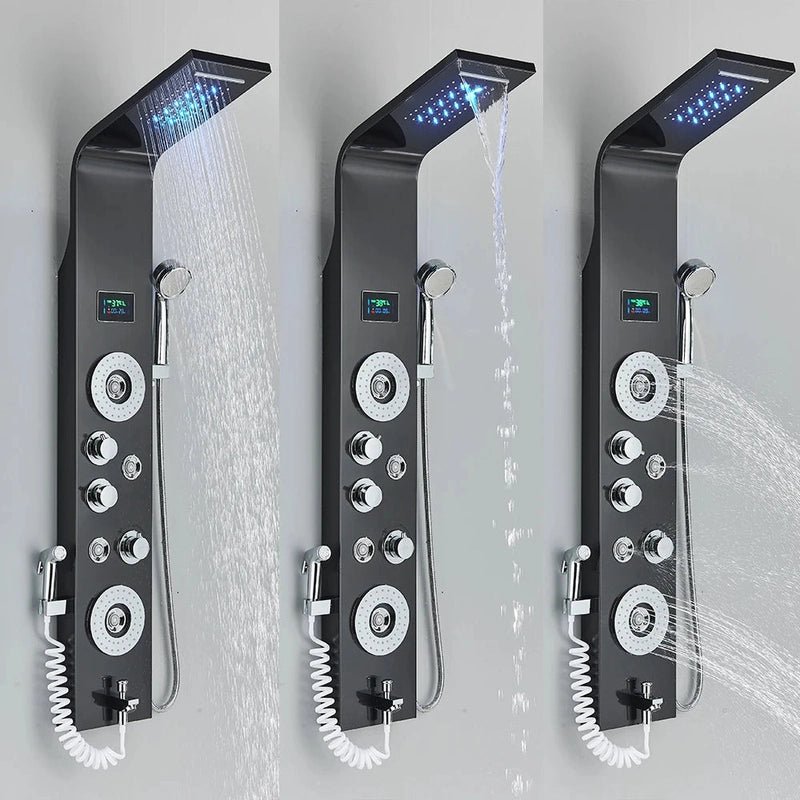 Colonne de Douche Hydromassante Noir LED avec Jets de Massage – Système Cascade & Pluie & Affichage Digital - Focett