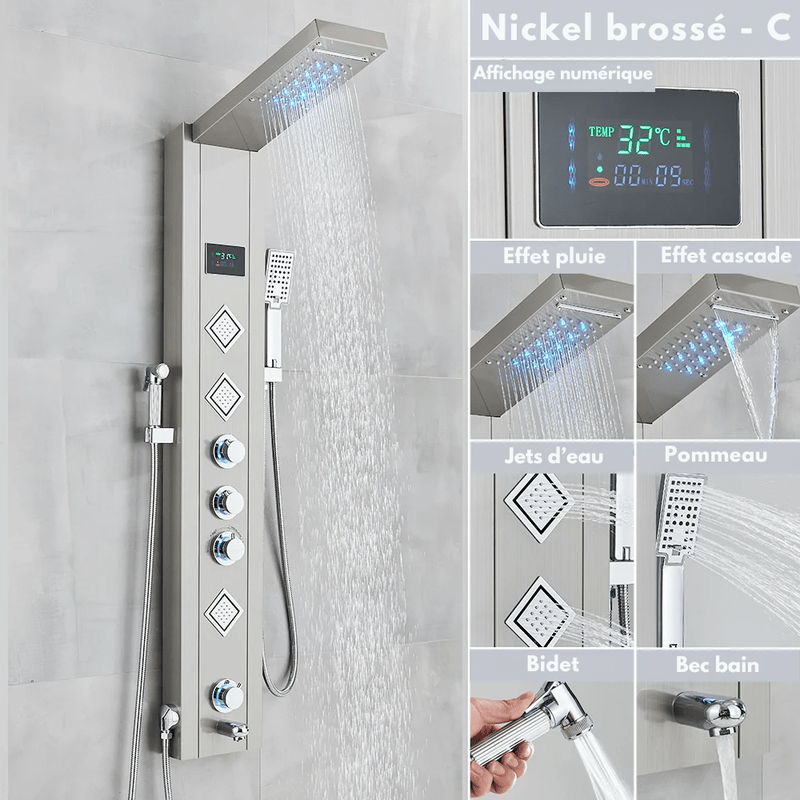 Colonne de Douche Hydromassante Noir LED avec Jets de Massage – Système Cascade & Pluie & Affichage Digital - Focett