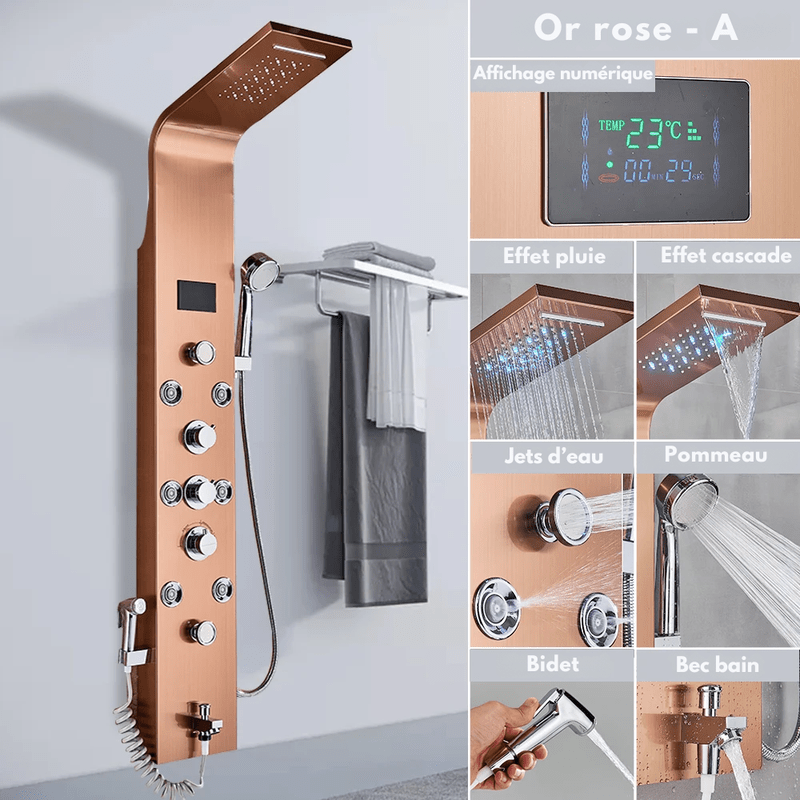 Colonne de Douche Hydromassante Noir LED avec Jets de Massage – Système Cascade & Pluie & Affichage Digital - Focett