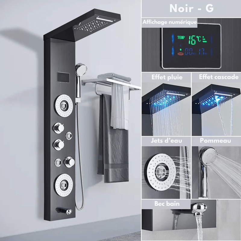 Colonne de Douche Hydromassante Or LED avec Jets de Massage – Panneau Cascade & Affichage Digital – Acier Inoxydable et Laiton pour Salle de Bain Moderne - Focett