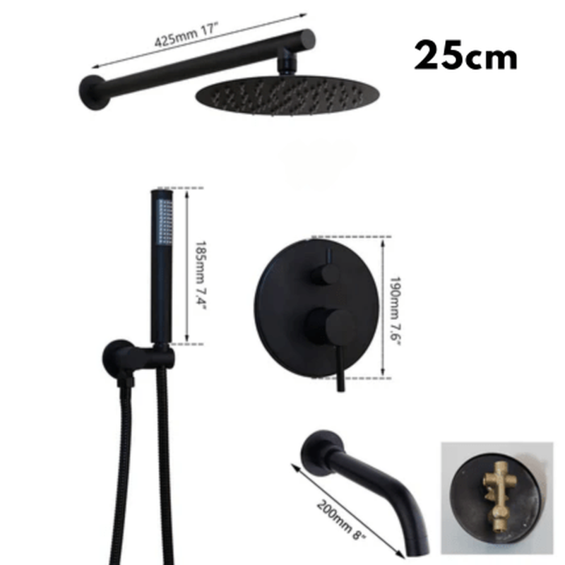 Colonne de Douche Encastrable Noir Mat – Ciel de douche Pluie XXL 40cm, Mitigeur Laiton, Douchette Flexible & Installation Murale Discrète