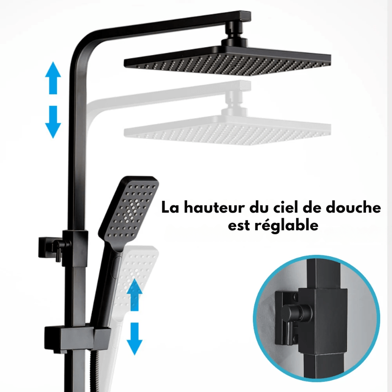 Colonne de Douche Noire – Mitigeur Laiton Noir 20 - 35cm, Mono - Commande Ergonomique avec Robinet Baignoire Effet Pluie, Étagères - Focett