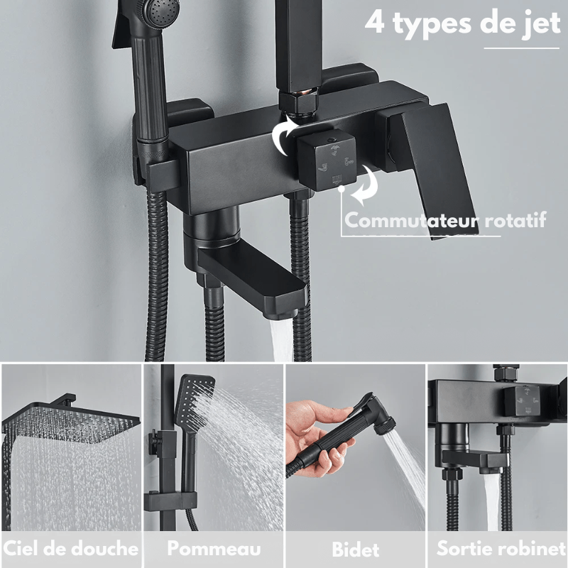 Colonne de Douche Noire – Mitigeur Laiton Noir 20 - 35cm, Mono - Commande Ergonomique avec Robinet Baignoire Effet Pluie, Étagères - Focett