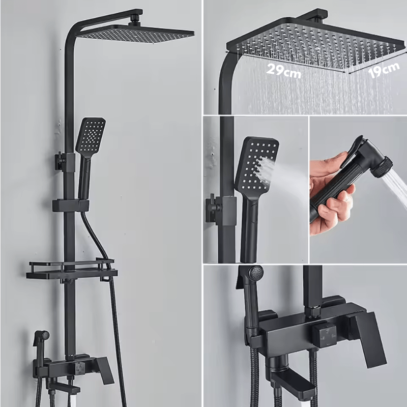 Colonne de Douche Noire – Mitigeur Laiton Noir 20 - 35cm, Mono - Commande Ergonomique avec Robinet Baignoire Effet Pluie, Étagères - Focett