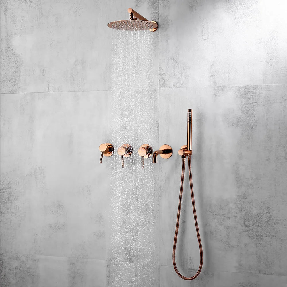 Colonne de douche or rose brossé encastrable design rond et finitions haut de gamme - Focett