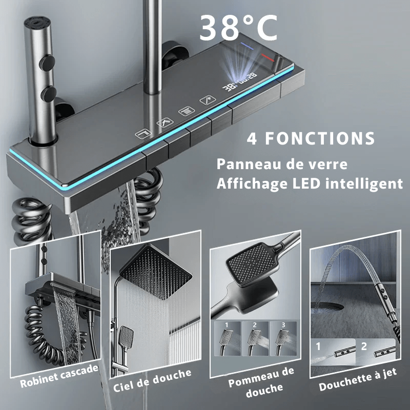 Colonne de douche semi - thermostatique gris - 4 fonctions - Focett