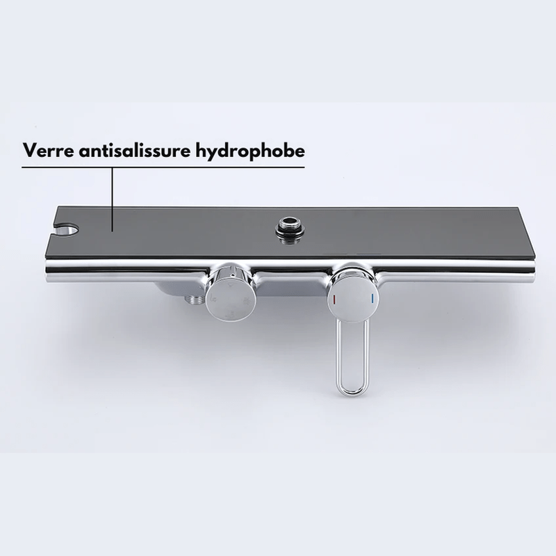Colonne de Douche Thermostatique Chrome Gris 4 Fonctions – Mitigeur Thermostatique & Douche Pluie XXL, Bec Cascade & Douchette 3 Jets - Focett