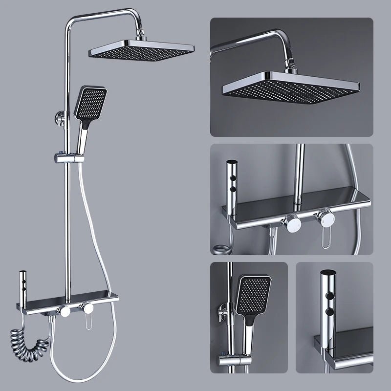 Colonne de Douche Thermostatique Chrome Gris 4 Fonctions – Mitigeur Thermostatique & Douche Pluie XXL, Bec Cascade & Douchette 3 Jets - Focett