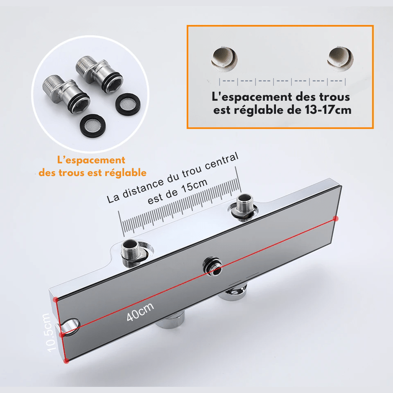 Colonne de Douche Thermostatique Chrome Gris 4 Fonctions – Mitigeur Thermostatique & Douche Pluie XXL, Bec Cascade & Douchette 3 Jets - Focett