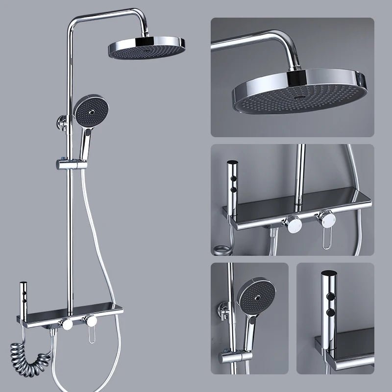 Colonne de Douche Thermostatique Chrome Gris 4 Fonctions – Mitigeur Thermostatique & Douche Pluie XXL, Bec Cascade & Douchette 3 Jets - Focett