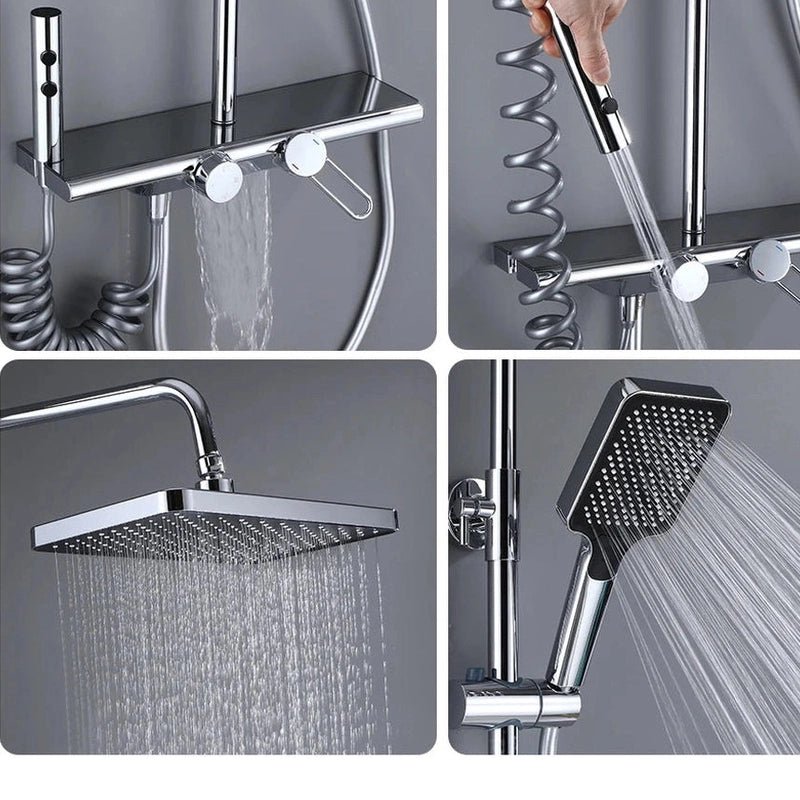 Colonne de Douche Thermostatique Chrome Gris 4 Fonctions – Mitigeur Thermostatique & Douche Pluie XXL, Bec Cascade & Douchette 3 Jets - Focett