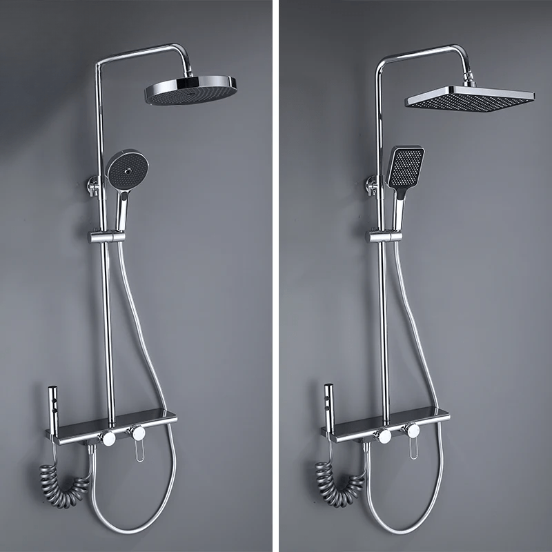 Colonne de Douche Thermostatique Chrome Gris 4 Fonctions – Mitigeur Thermostatique & Douche Pluie XXL, Bec Cascade & Douchette 3 Jets - Focett
