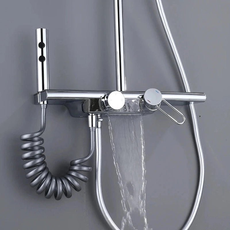 Colonne de Douche Thermostatique Chrome Gris 4 Fonctions – Mitigeur Thermostatique & Douche Pluie XXL, Bec Cascade & Douchette 3 Jets - Focett