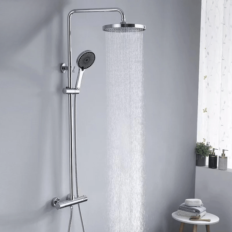 Colonne de Douche Thermostatique Chrome Gris - Avec Pommeau XXL & Douchette 3 Jets – Température Stable, Installation Murale Ajustable & Système Anti - Calcaire - Focett
