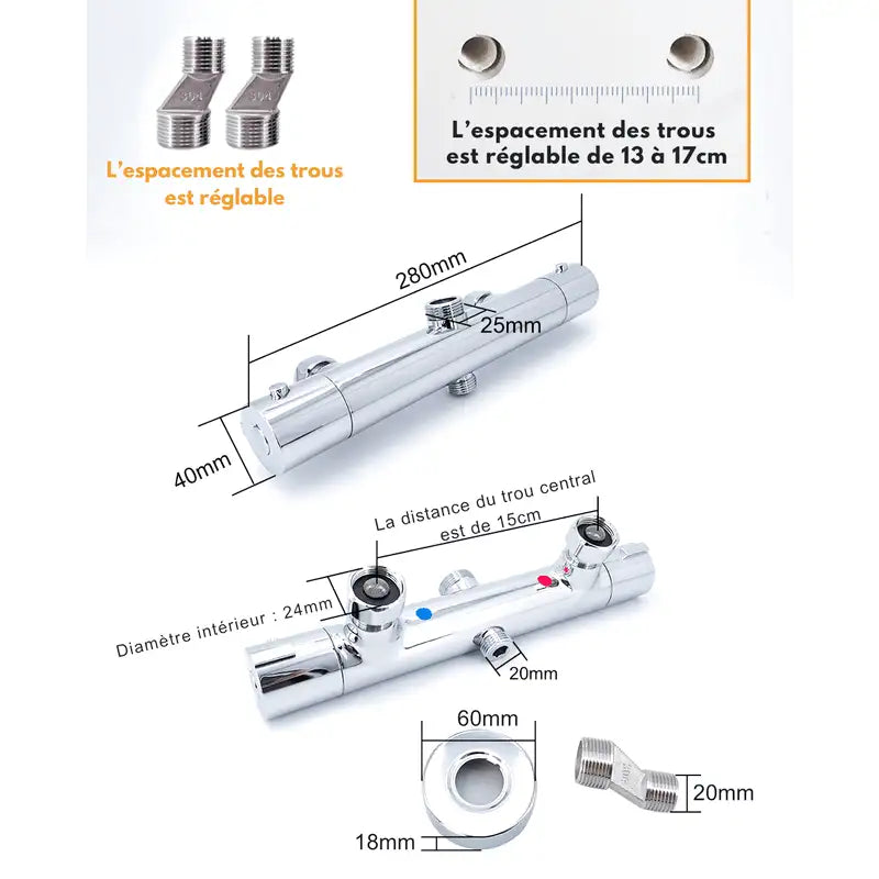 Colonne de Douche Thermostatique Chrome Gris - Avec Pommeau XXL & Douchette 3 Jets – Température Stable, Installation Murale Ajustable & Système Anti - Calcaire - Focett