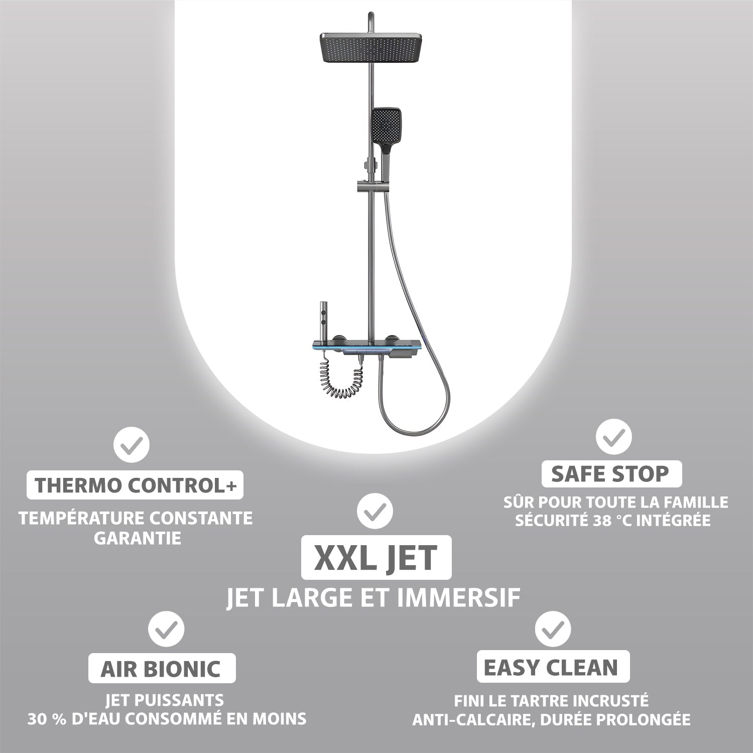 Colonne de douche thermostatique gris - affichage température & lumière d'ambiance - Focett