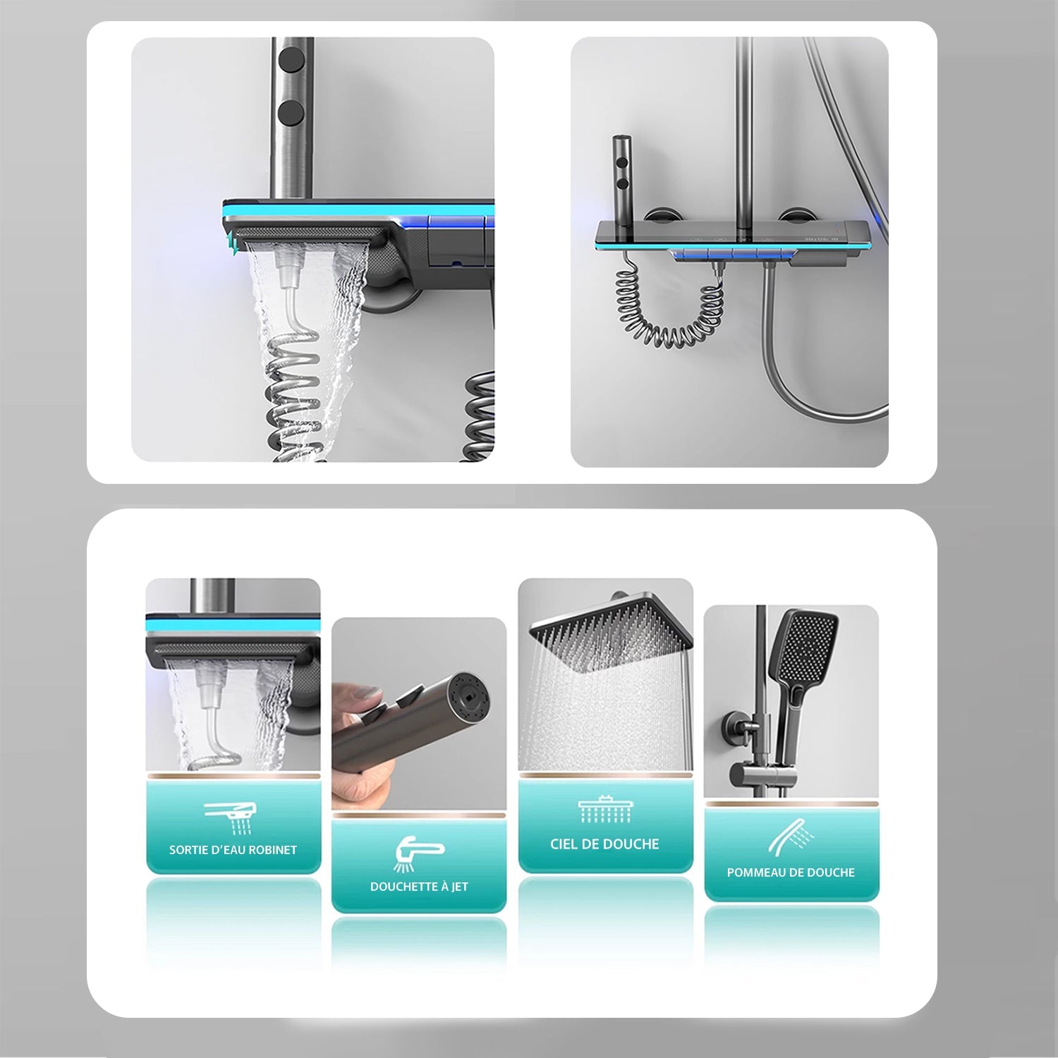 Colonne de douche thermostatique gris - affichage température & lumière d'ambiance - Focett