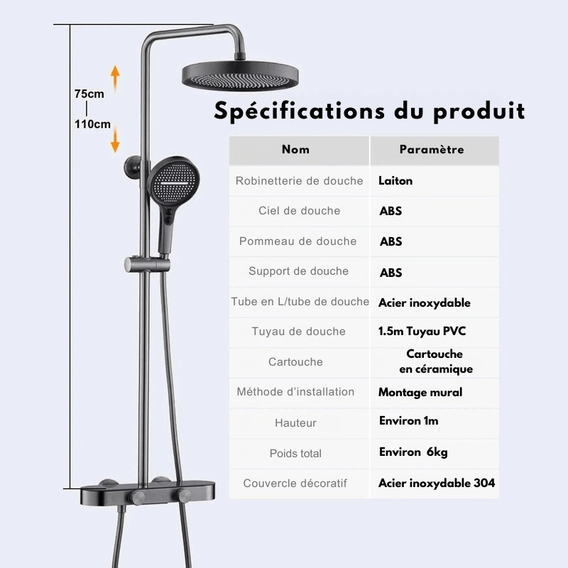 Colonne de douche Thermostatique Gris Brossé - Température Stable & Pommeau Rond 25cm” & Douchette 3 Fonctions – Design Moderne Multifonction - Focett