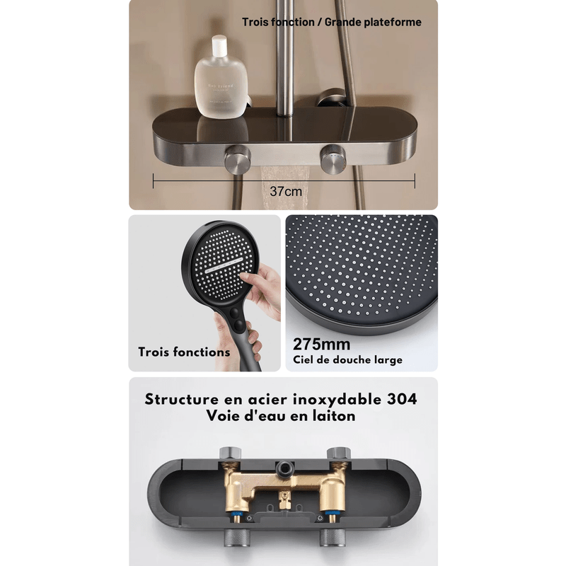 Colonne de douche Thermostatique Gris Brossé - Température Stable & Pommeau Rond 25cm” & Douchette 3 Fonctions – Design Moderne Multifonction - Focett