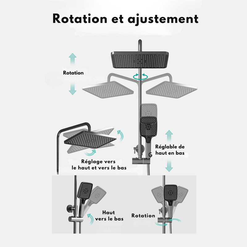 Colonne de Douche Thermostatique Noire - Avec Affichage Température & Lumière d'Ambiance – Pommeau Rectangulaire & Matériaux Haut de Gamme - Focett