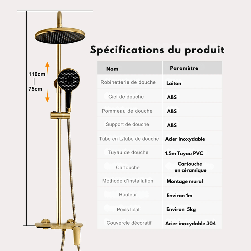 Colonne de Douche Thermostatique Or Brossé – Pommeau XXL 25cm” & Douchette 3 Fonctions, Design Moderne Minimaliste & Économie d'eau - Focett