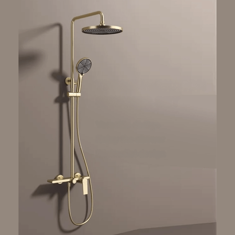 Colonne de Douche Thermostatique Or Brossé - Système 3 Fonctions avec Pommeau XXL & Douchette 3 Jets Buses, Anti - Calcaire & Mitigeur Thermostatique en Laiton - Focett
