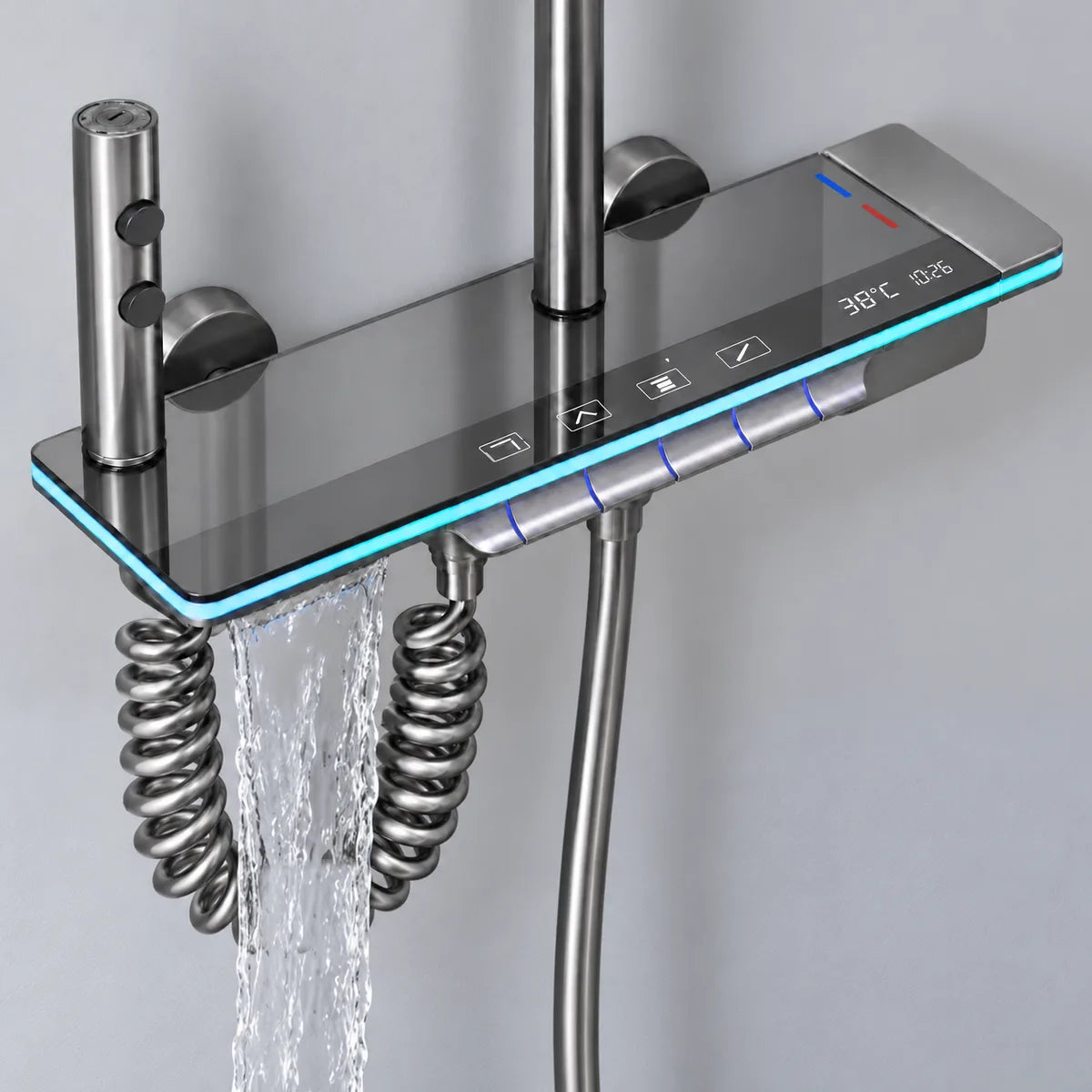 Colonne de douche thermostatique Focett, plateau en mode cascade : la lame d'eau tombe sous le plateau