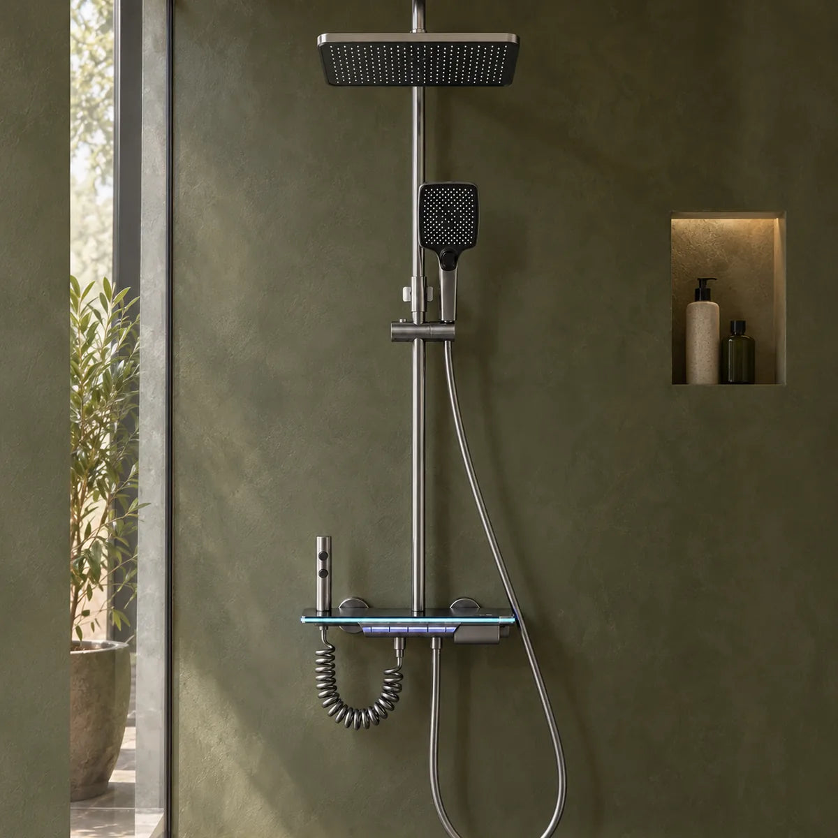 Colonne de douche Focett posée sur un mur en tadelakt vert olive