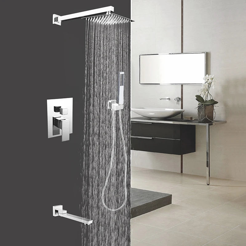 Colonne de Douche Encastrable Gris Chrome – Mitigeur Laiton, Pommeau XXL Effet Pluie 20-40cm , Douchette à Main et Bec Rotatif pour Baignoire