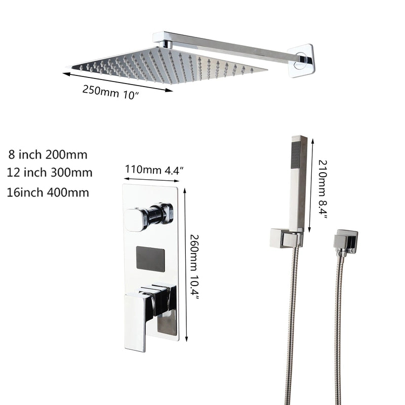 Colonne de Douche Encastrable Gris Chrome – Système 2-en-1 Ciel De Douche & Douchette avec Tête de Douche LED, Affichage Digital et Mélangeur 3 Fonctions