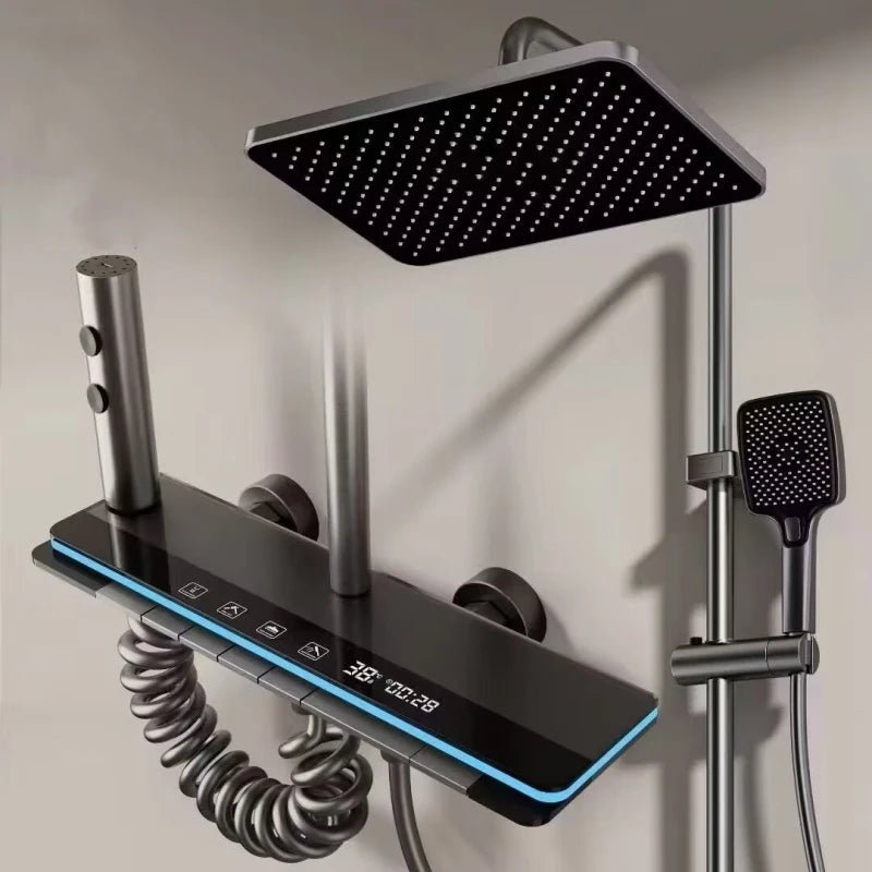 Colonne de Douche Grise – Acier Inoxydable Poli, Hauteur & Inclinaison Ajustables avec Affichage Digital, Boutons Piano et LED
