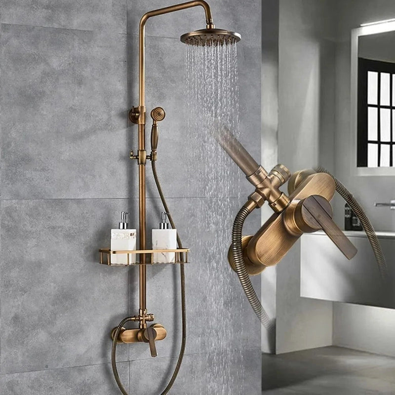 Colonne de Douche Rétro en Laiton Antique – Hauteur Réglable 75-120 cm, Ciel De Douche Pluie 20 cm, Douchette et Étageres de Rangement avec Robinet