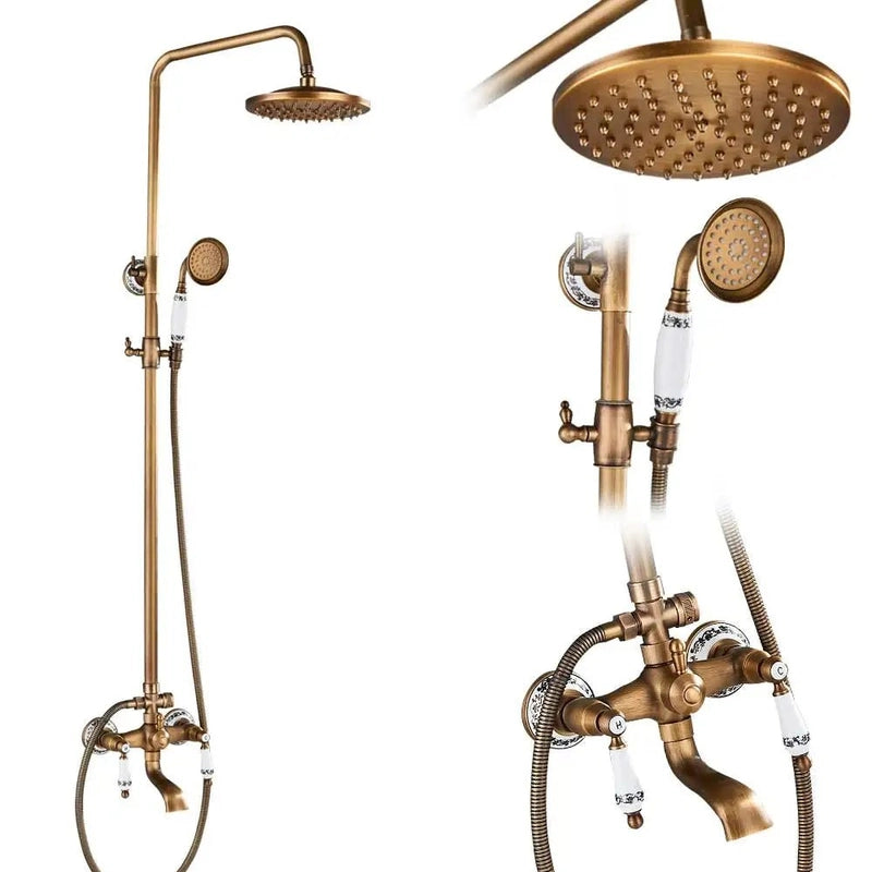 Colonne de Douche Rétro en Laiton Antique – Ciel de douche Pluie 20cm” & Douchette à Main avec Mélangeur Eau Chaude/Froide et Étagère Pratique