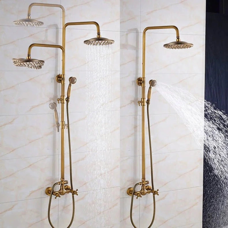 Colonne de Douche Rétro en Laiton Antique – Ciel de douche Pluie 20cm” & Douchette à Main avec Mélangeur Eau Chaude/Froide et Étagère Pratique