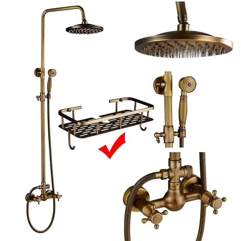 Colonne de Douche Rétro en Laiton Antique – Ciel de douche Pluie 20cm” & Douchette à Main avec Mélangeur Eau Chaude/Froide et Étagère Pratique