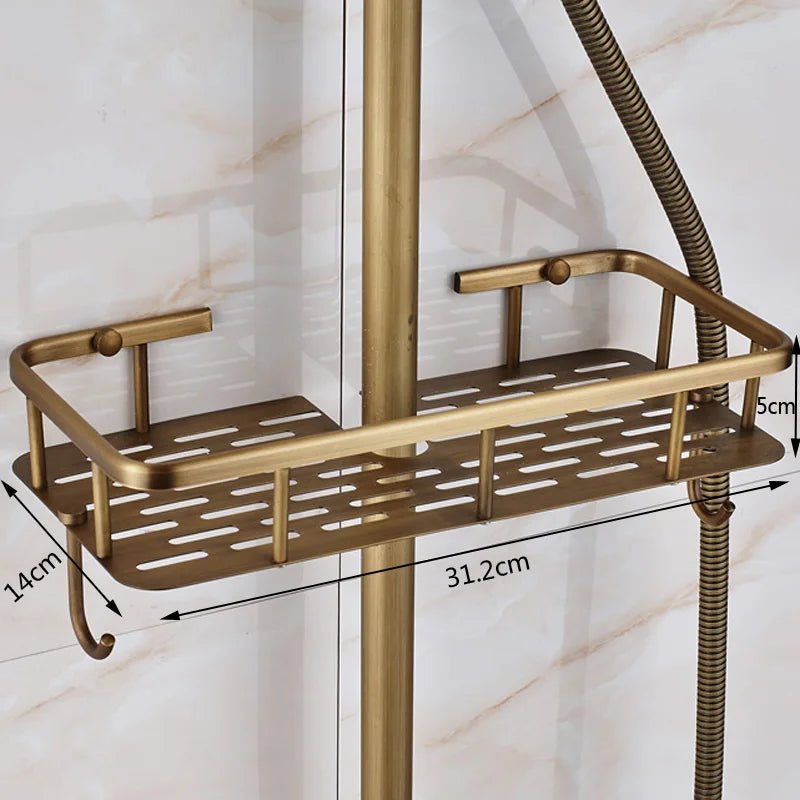 Colonne de Douche Rétro en Laiton Antique – Ciel de douche Pluie 20cm” & Douchette à Main avec Mélangeur Eau Chaude/Froide et Étagère Pratique