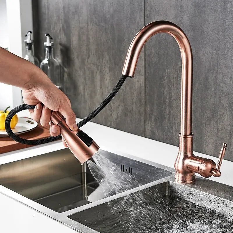 Mitigeur de cuisine à bec flexible en laiton antique – douchette extractible, rotation 360° et poignée latérale - Focett