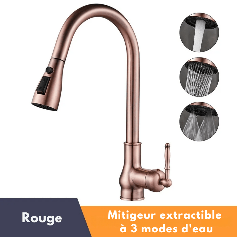 Mitigeur de cuisine à bec flexible en laiton antique – douchette extractible, rotation 360° et poignée latérale - Focett