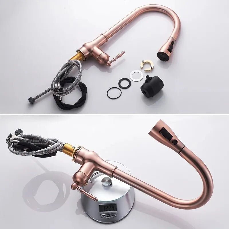 Mitigeur de cuisine à bec flexible en laiton antique – douchette extractible, rotation 360° et poignée latérale - Focett