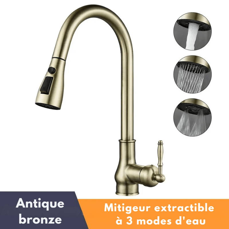 Mitigeur de cuisine à bec flexible en laiton antique – douchette extractible, rotation 360° et poignée latérale - Focett